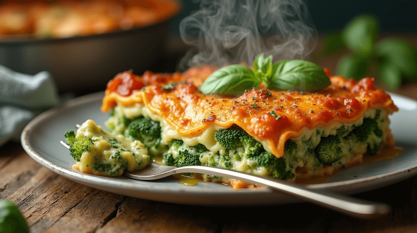 Delicious Broccoli Ricotta Lasagna with layers of cheese and veggies.