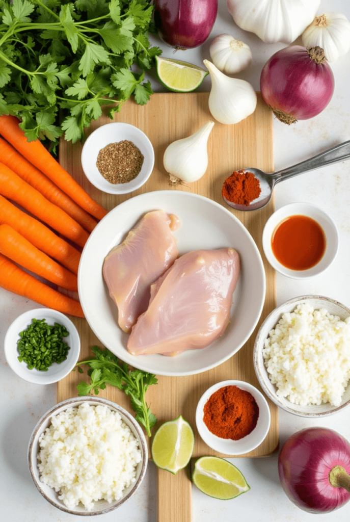 Raw ingredients for Chopt Spicy Chicken Soup with Rice including chicken, rice, vegetables, and spices displayed on a kitchen countertop.