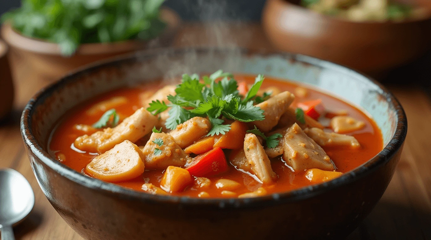 Chopt Spicy Chicken Soup with Rice served in a bowl with vibrant vegetables and tender chicken pieces.