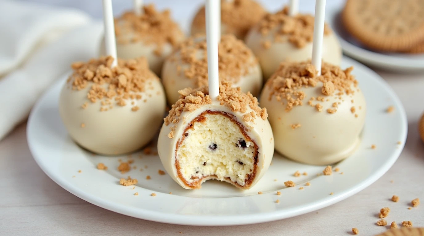 Close-up of Cookie and Cream Cake Pops on a plate, decorated with sprinkles and chocolate drizzle.