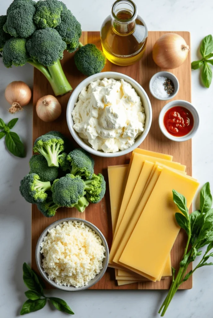 Fresh ingredients for Broccoli Ricotta Lasagna including broccoli, ricotta, mozzarella, and lasagna noodles.