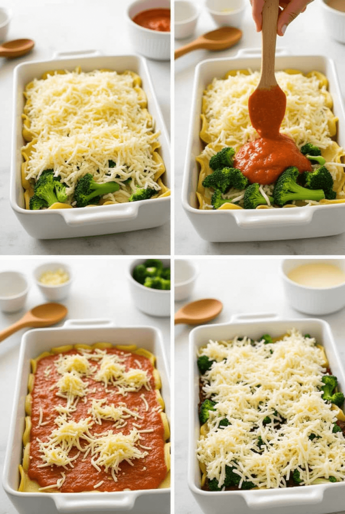 Step-by-step preparation of Broccoli Ricotta Lasagna with layers of cheese, broccoli, and noodles.