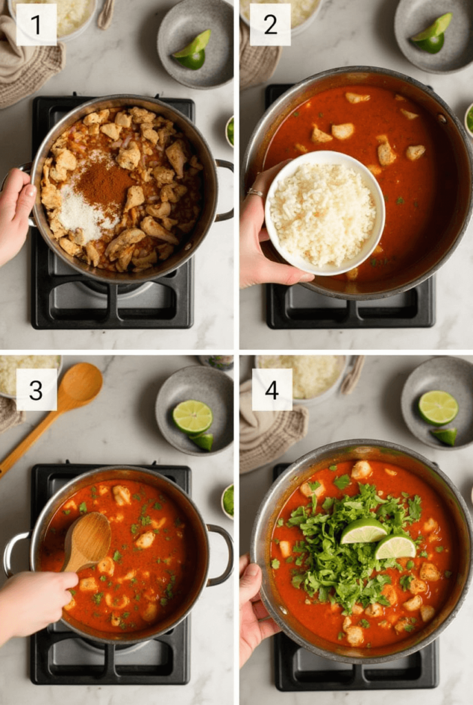 Step-by-step process of making Chopt Spicy Chicken Soup with Rice, showing ingredients being sautéed, simmered, and served