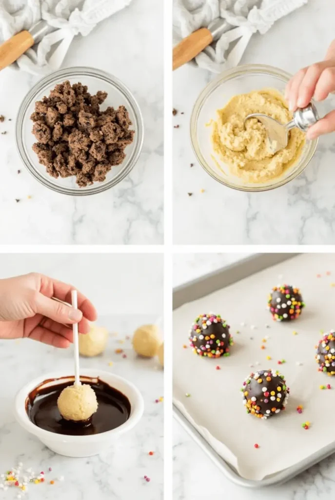 Step-by-step process of making Cream Cake Pops: rolling cake balls, dipping in chocolate, and adding sprinkles.