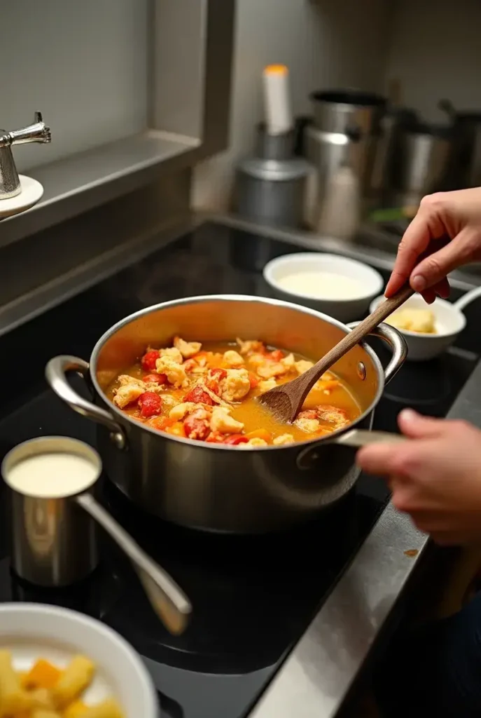 Step-by-step process of making lobster bisque with lobster shells, vegetables, and a creamy broth.