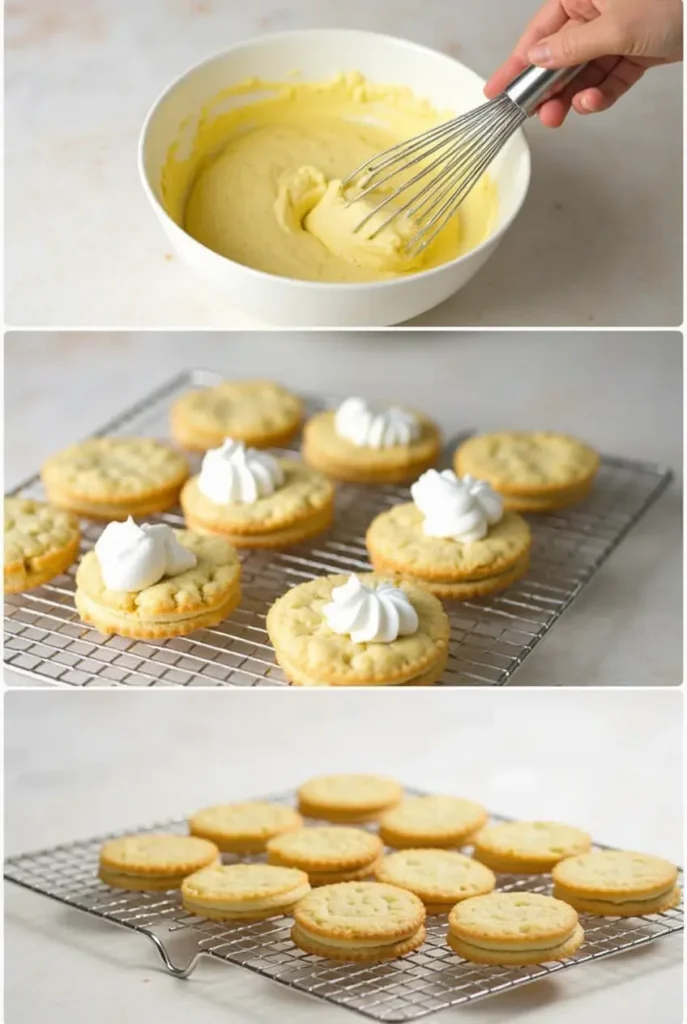 Step-by-step process of making Madeline cookies with cream cake, showing mixing batter, filling molds, baking, and adding cream filling.