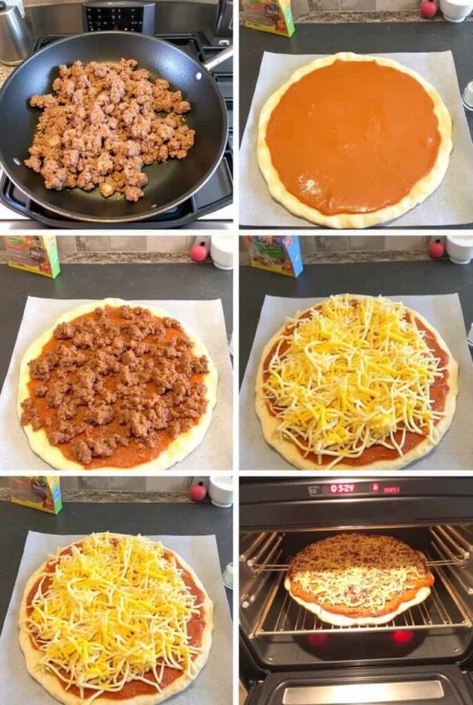 Step-by-step process of making Mexican pizza with beef and beans, showing layering refried beans, seasoned beef, and cheese on a pizza crust.