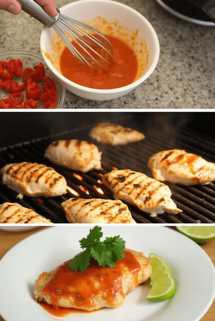 Step-by-step process of making San Antonio Grilled Red Pepper Mexican Chicken, from marinating to grilling the chicken.