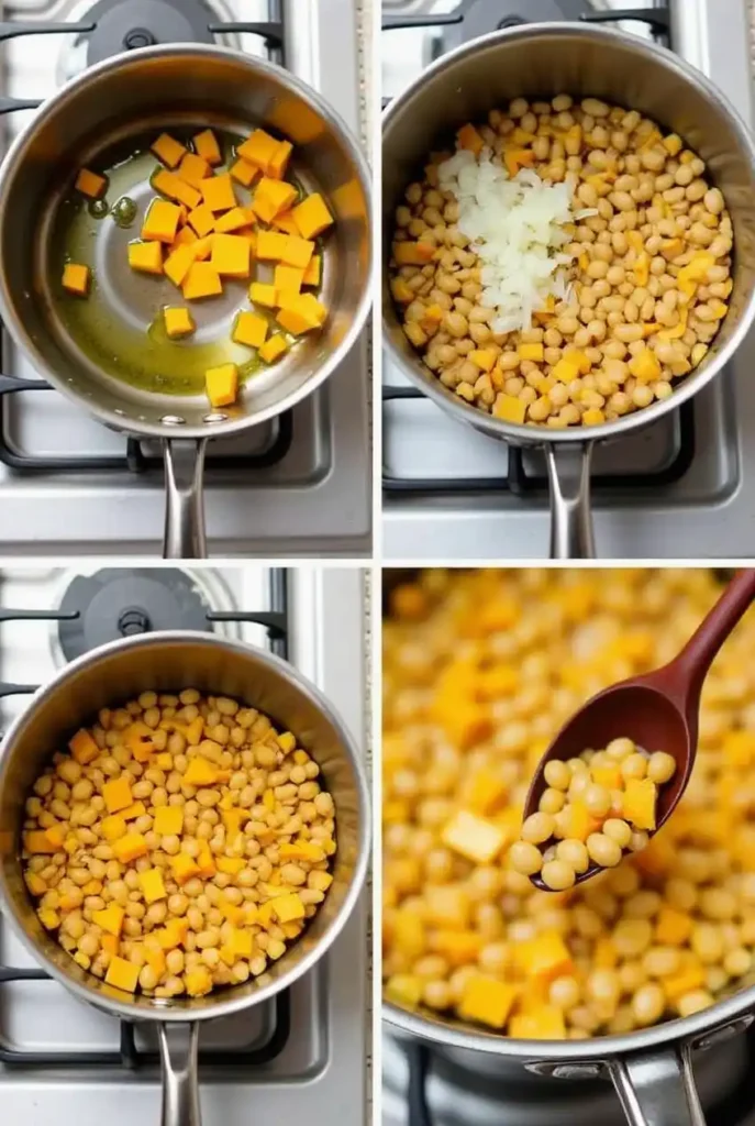 Step-by-step cooking process of making Squash and Kidney Beans, showcasing sautéing ingredients in a pan.