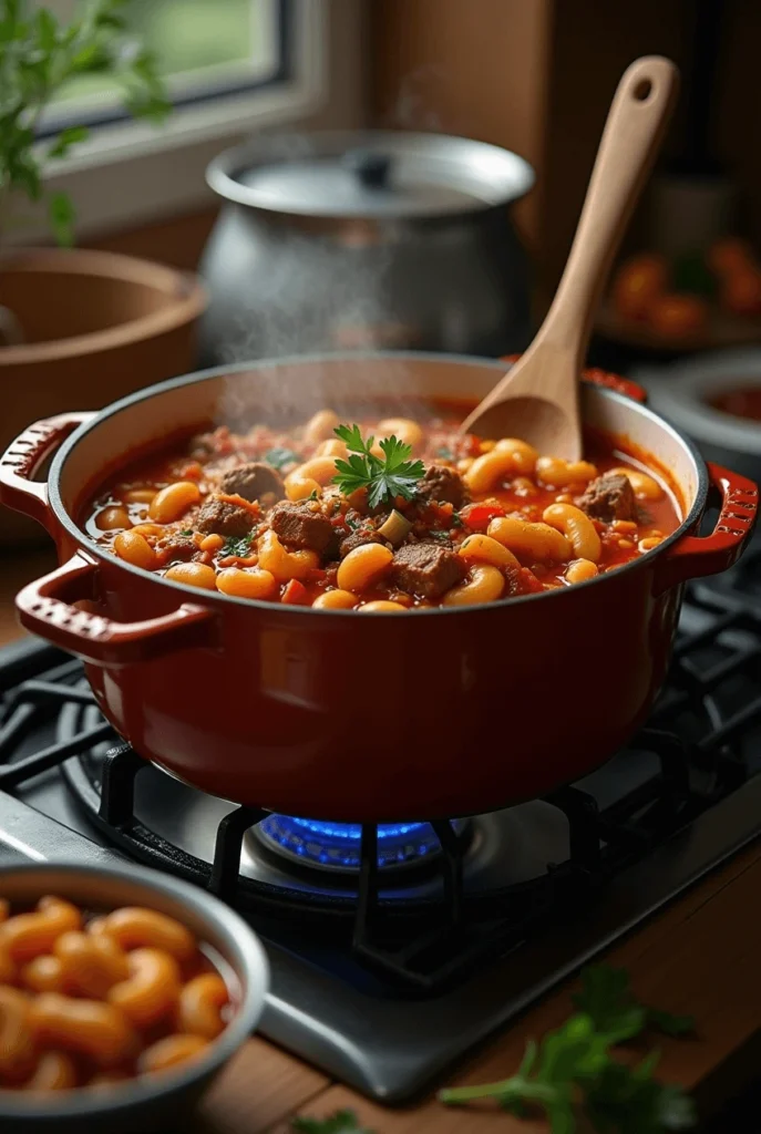 Step-by-step process of making homemade goulash, with ingredients sautéing in a pan and simmering.