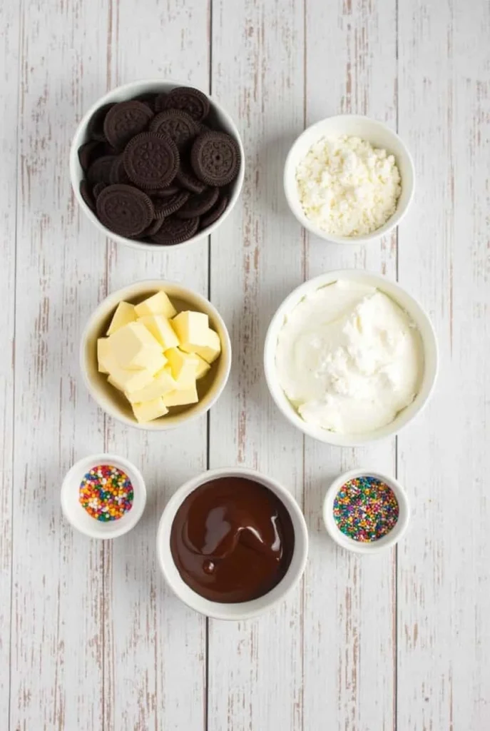 Ingredients for making Cream Cake Pops: cake mix, frosting, chocolate coating, and sprinkles.