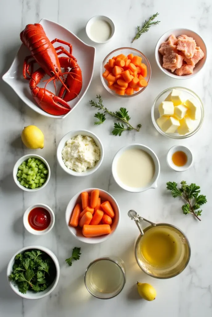 Fresh lobster, aromatic vegetables, herbs, and cream ingredients for making lobster bisque.