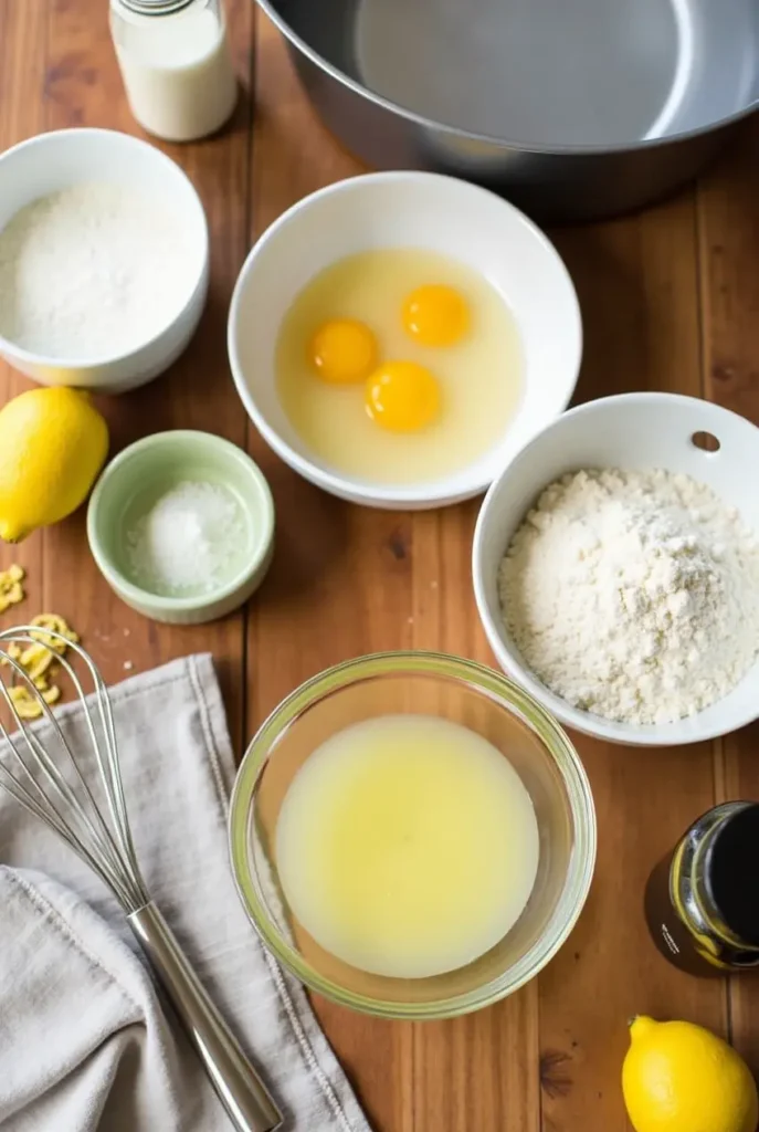 Ingredients for Madeline Cookie with Cream Cake, including flour, sugar, eggs, butter, heavy cream, and vanilla extract, laid out on a wooden countertop.