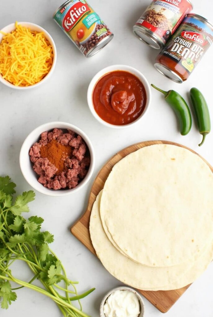 Ingredients for Mexican pizza with beef and beans, including ground beef, refried beans, shredded cheese, tortillas, salsa, and fresh cilantro.