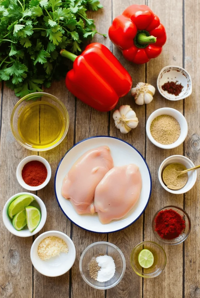 Fresh ingredients for San Antonio Grilled Red Pepper Mexican Chicken, including red peppers, chicken breasts, garlic, and Mexican spices.