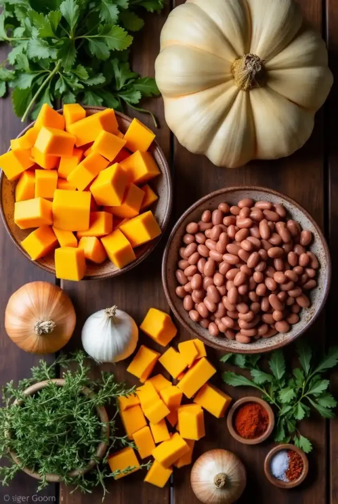 Fresh ingredients for Squash and Kidney Beans recipe including squash, kidney beans, onions, garlic, and spices.