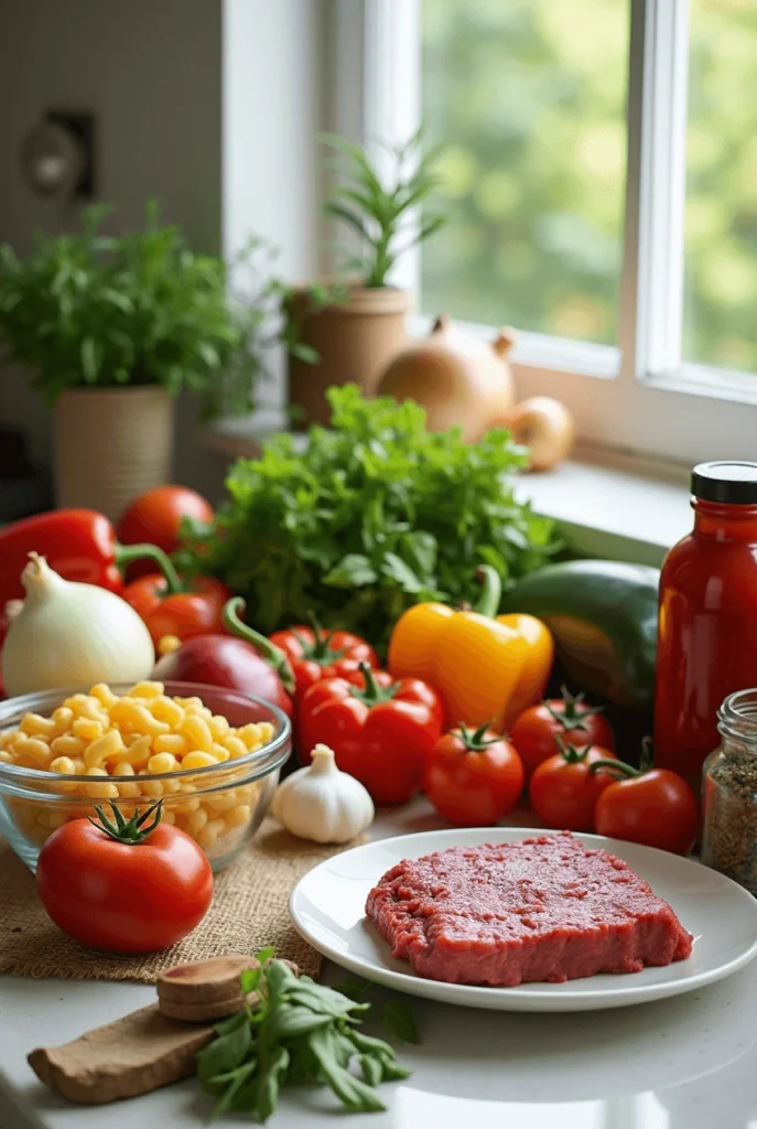 Fresh ingredients for homemade goulash: ground beef, pasta, tomatoes, onions, bell peppers, and seasonings ready for cooking.