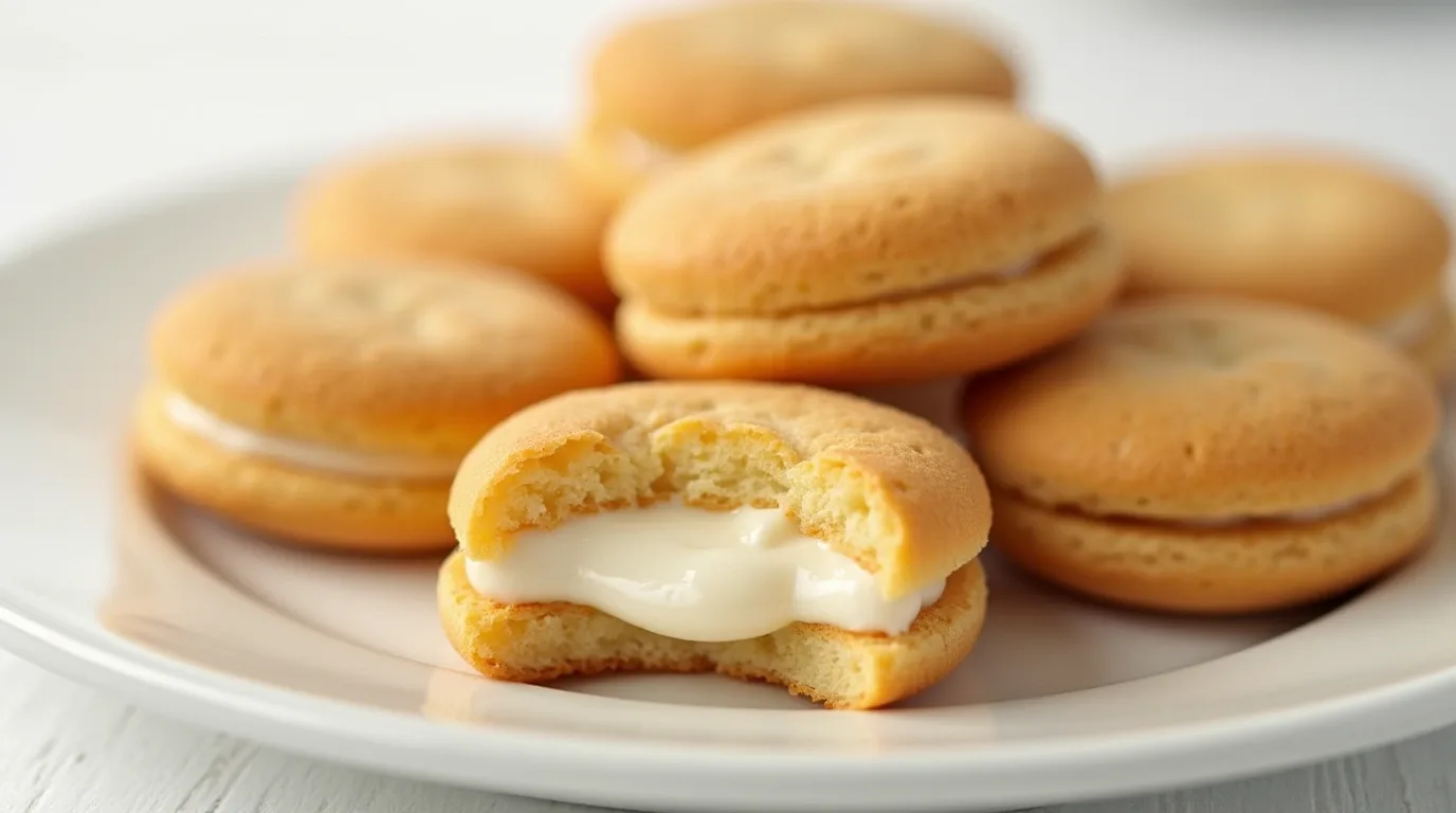 Golden Madeline cookies filled with creamy goodness, arranged elegantly on a white plate.