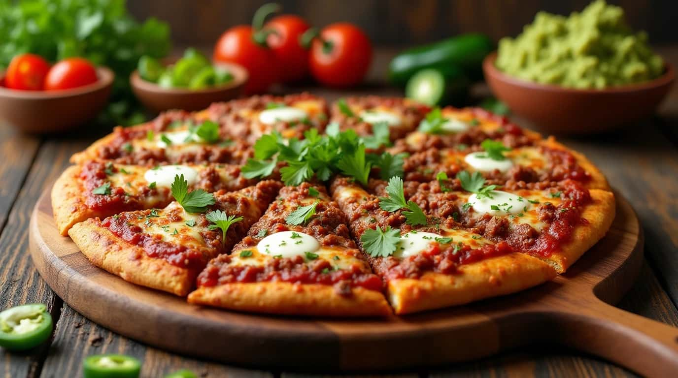 Delicious Mexican pizza with beef and beans topped with melted cheese, salsa, and fresh cilantro on a wooden cutting board.