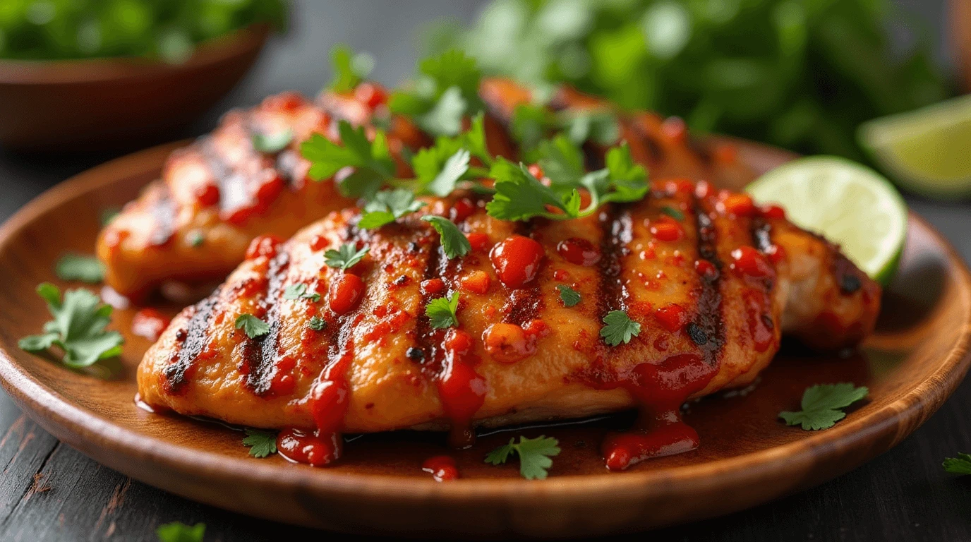 Grilled red pepper Mexican chicken served with fresh toppings and vibrant sides.