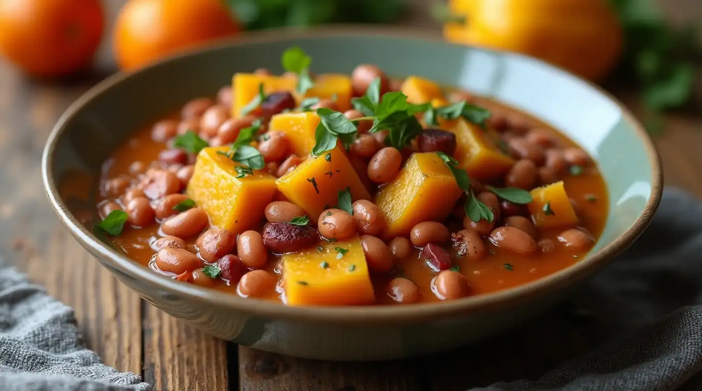 Delicious Squash and Kidney Beans dish with vibrant vegetables and spices.