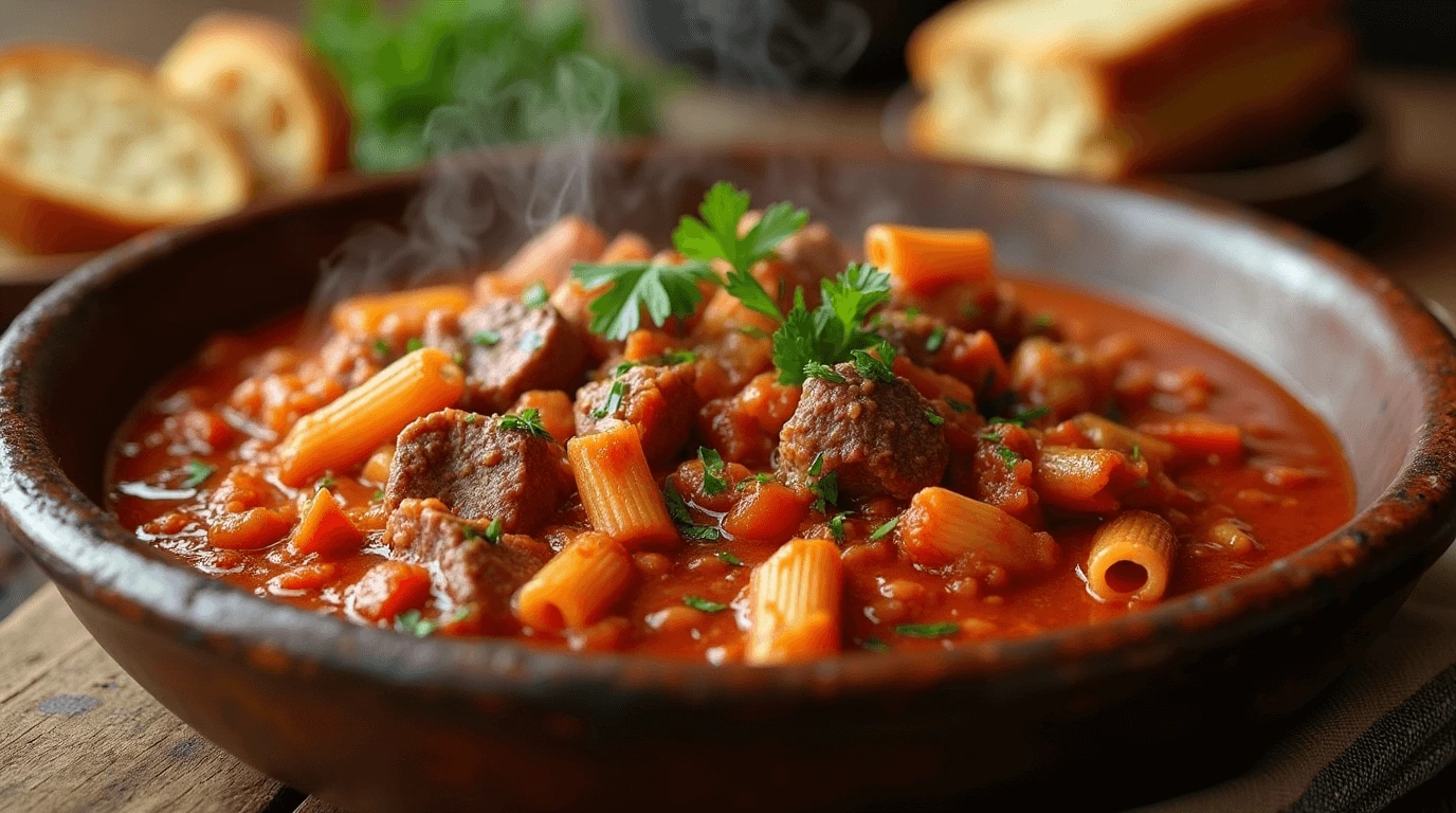 A hearty bowl of homemade goulash with tender beef, pasta, and vibrant vegetables, topped with fresh herbs.