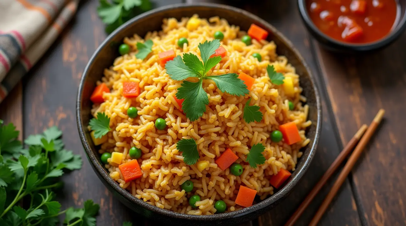 Authentic Anjappar egg fried rice served in a bowl with vibrant vegetables and eggs