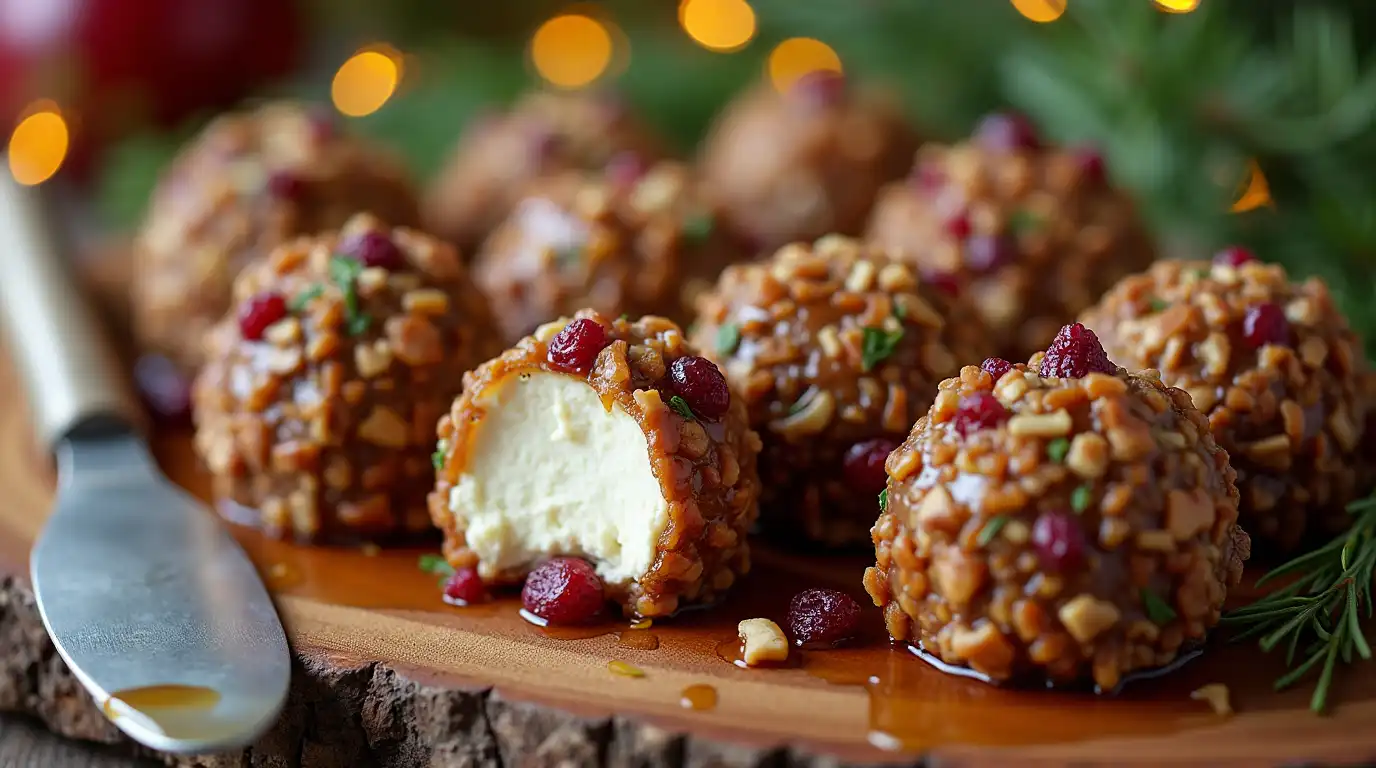 Delicious Cranberry Pecan Goat Cheese Truffles arranged on a serving platter, garnished with fresh herbs and drizzled with honey.