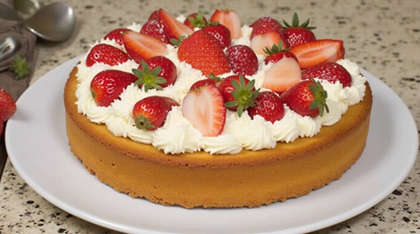 A freshly baked Strawberry Earthquake Cake with a cracked top, revealing gooey cream cheese swirls, melted white chocolate, and fresh strawberry slices.