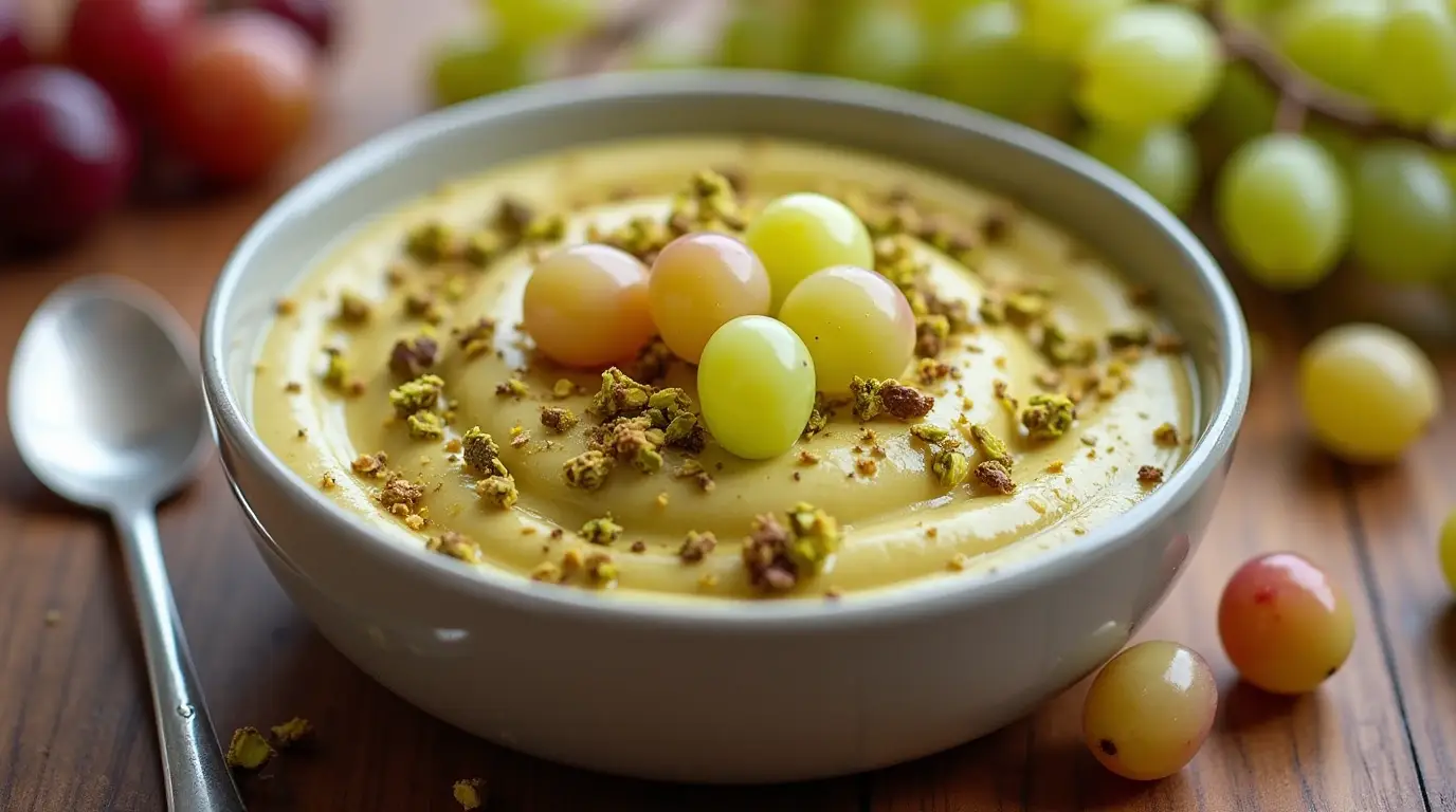 Pistachio pudding served with fresh grapes in a bowl