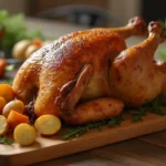 Golden-brown, juicy rotisserie chicken on a platter with vegetables