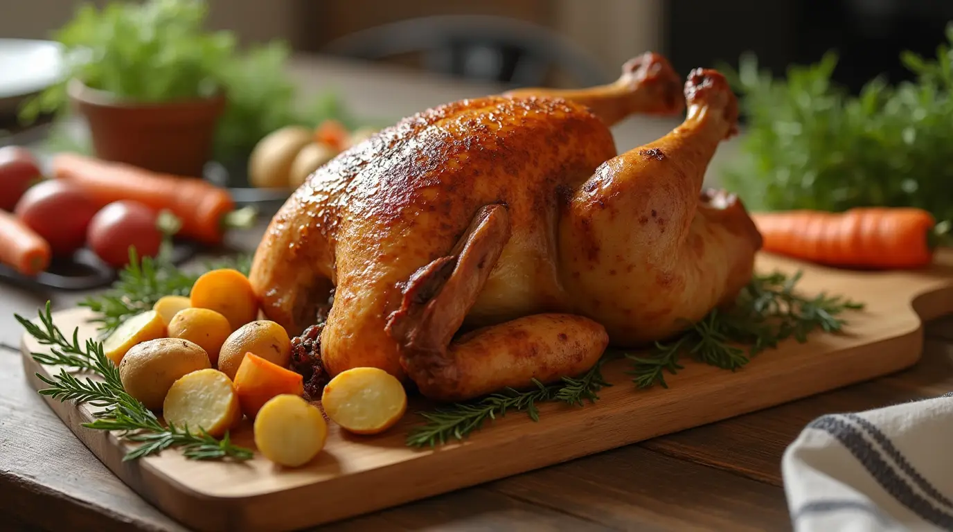 Golden-brown, juicy rotisserie chicken on a platter with vegetables