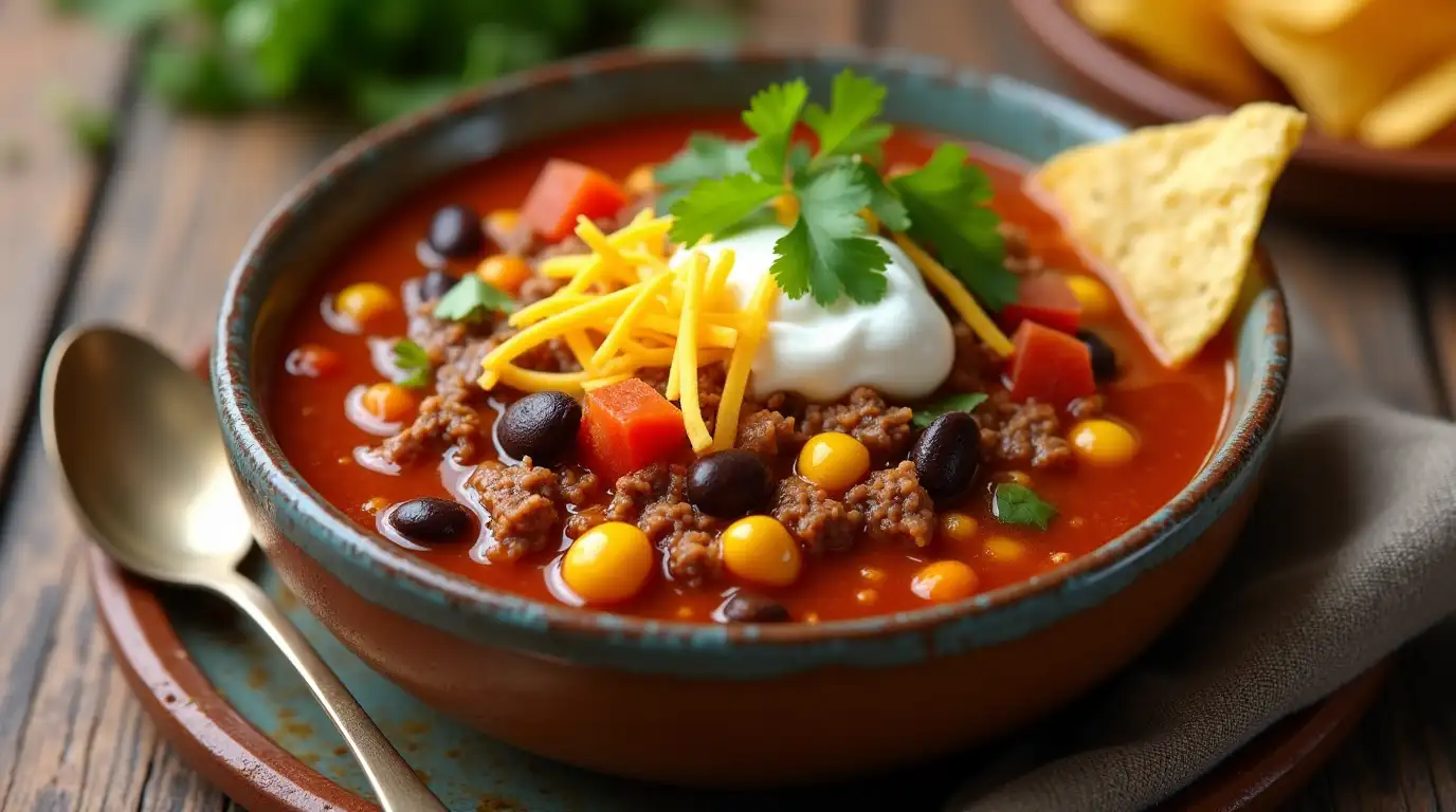 A steaming bowl of taco soup frios topped with shredded cheese, sour cream, and fresh cilantro, served with crispy tortilla chips on the side.