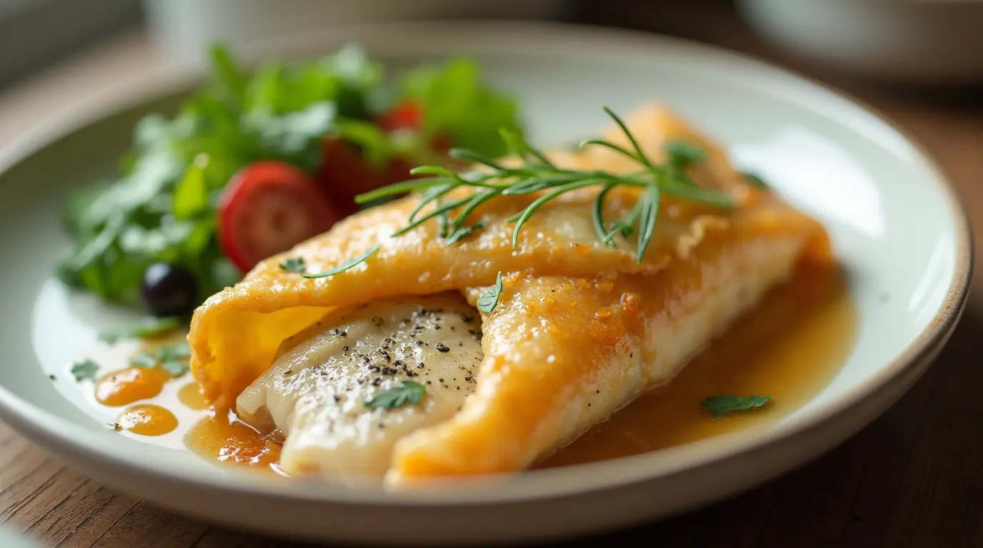 Golden fish wrapped in filo pastry on a white plate with fresh herbs