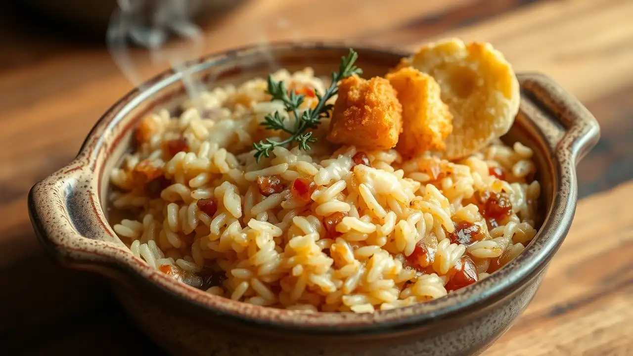 A warm bowl of French onion soup rice topped with melted Gruyère cheese and garnished with fresh thyme, served in a rustic dish on a wooden table.