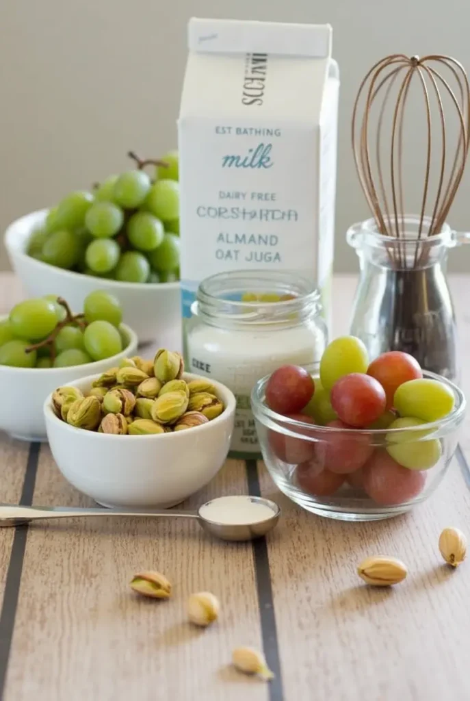 Ingredients for Pistachio Pudding with Grapes: pistachios, grapes, pudding mix, and milk