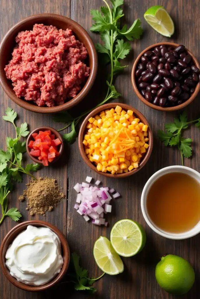 A top-down view of fresh ingredients for taco soup frios, including ground beef, beans, corn, diced tomatoes, onions, garlic, taco seasoning, and broth.