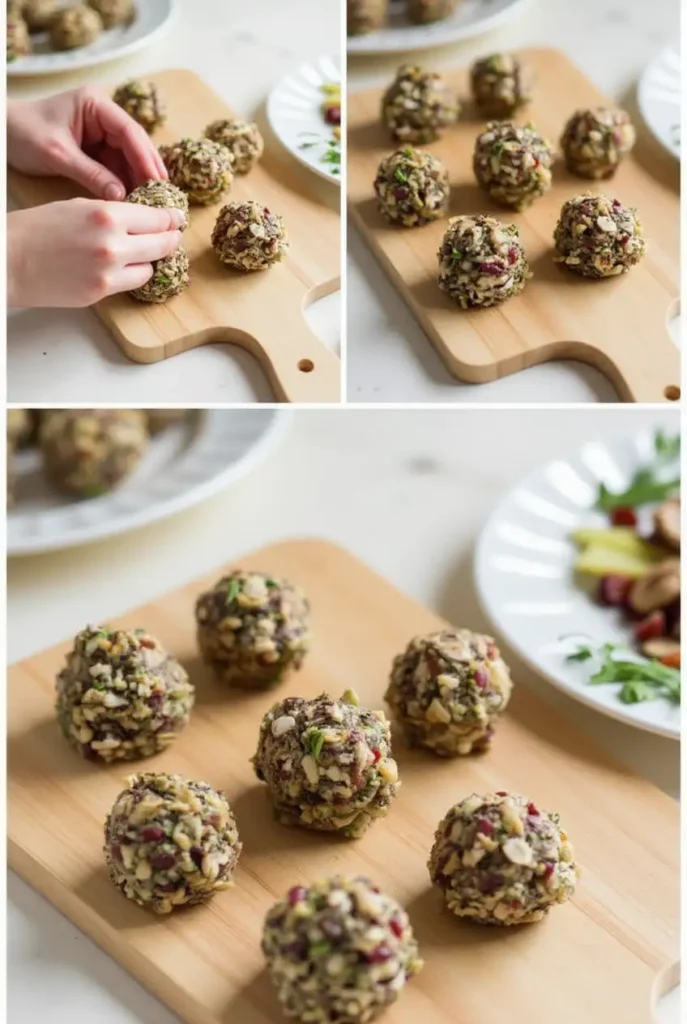 Step-by-step process of making Cranberry Pecan Goat Cheese Truffles, from mixing to rolling and coating in chopped pecans and cranberries.