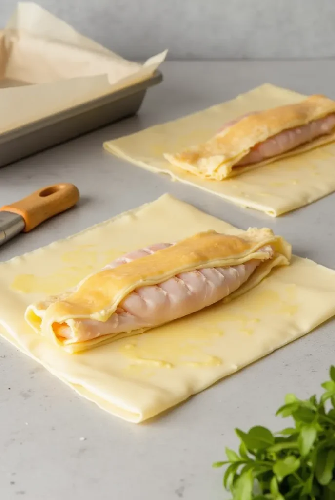 Step-by-step process of wrapping fish in filo pastry with a brush of melted butter