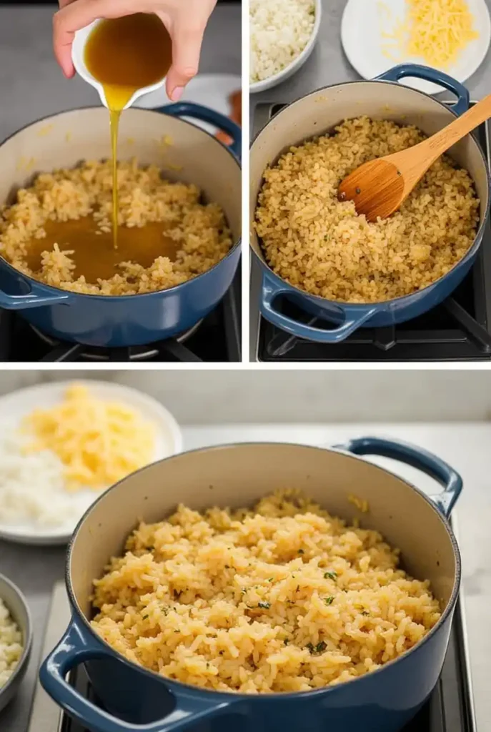 Step-by-step process of making French onion soup rice, showing caramelized onions in a skillet, rice, and broth being added.