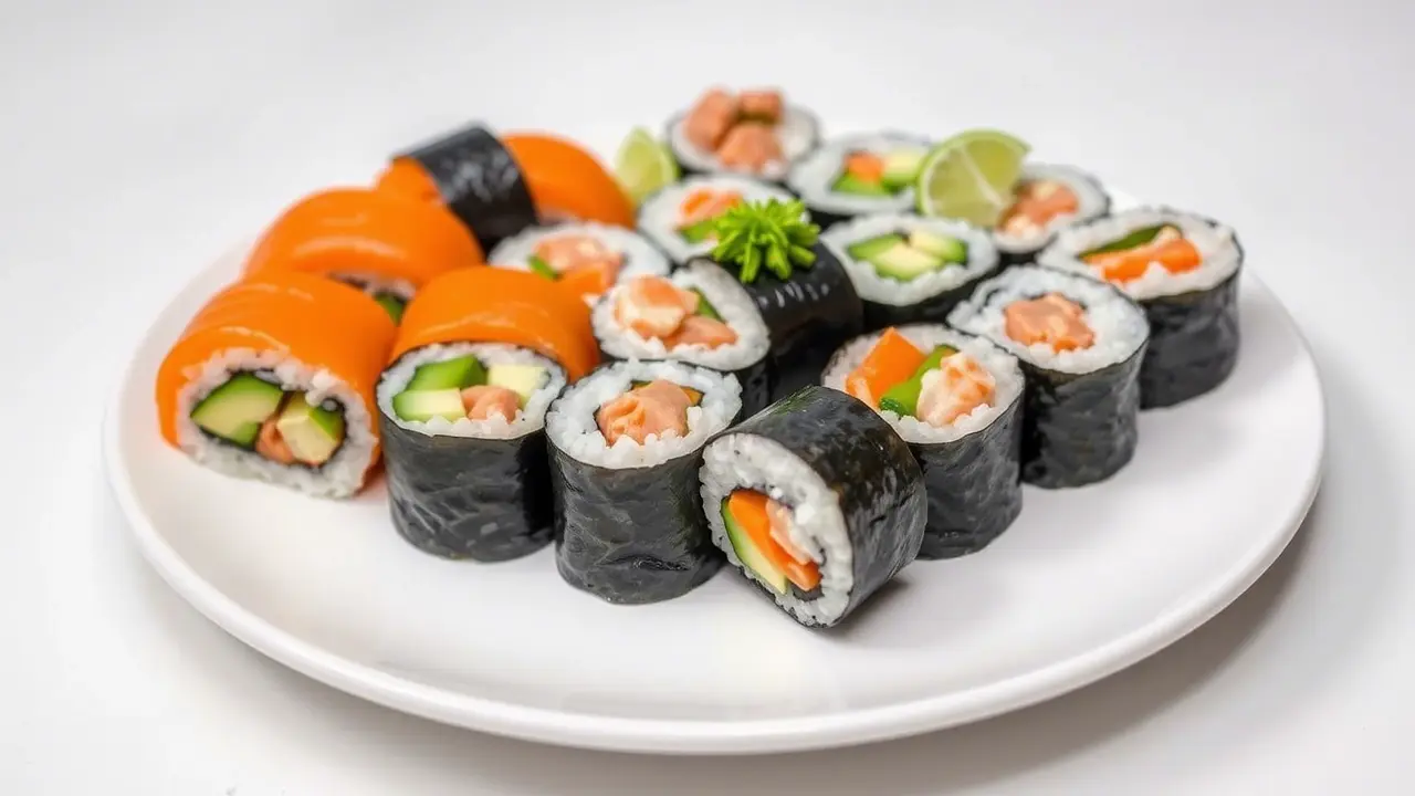 Making Low Sodium Sushi: rolling fresh ingredients on a bamboo mat.