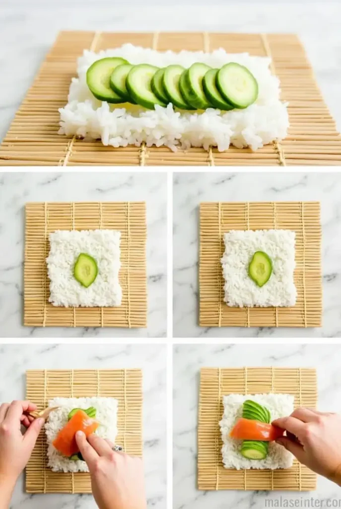 Step-by-step process of making Low Sodium Sushi: rolling ingredients with sushi mat.