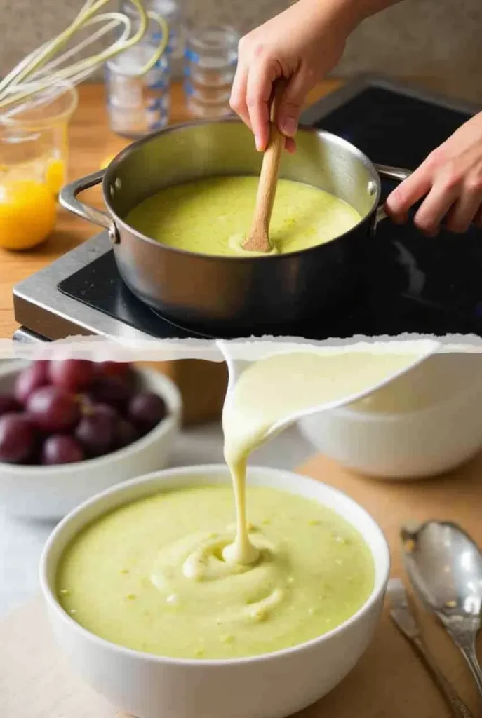 Step-by-step process to make Pistachio Pudding with Grapes: mixing pudding with pistachios and grapes