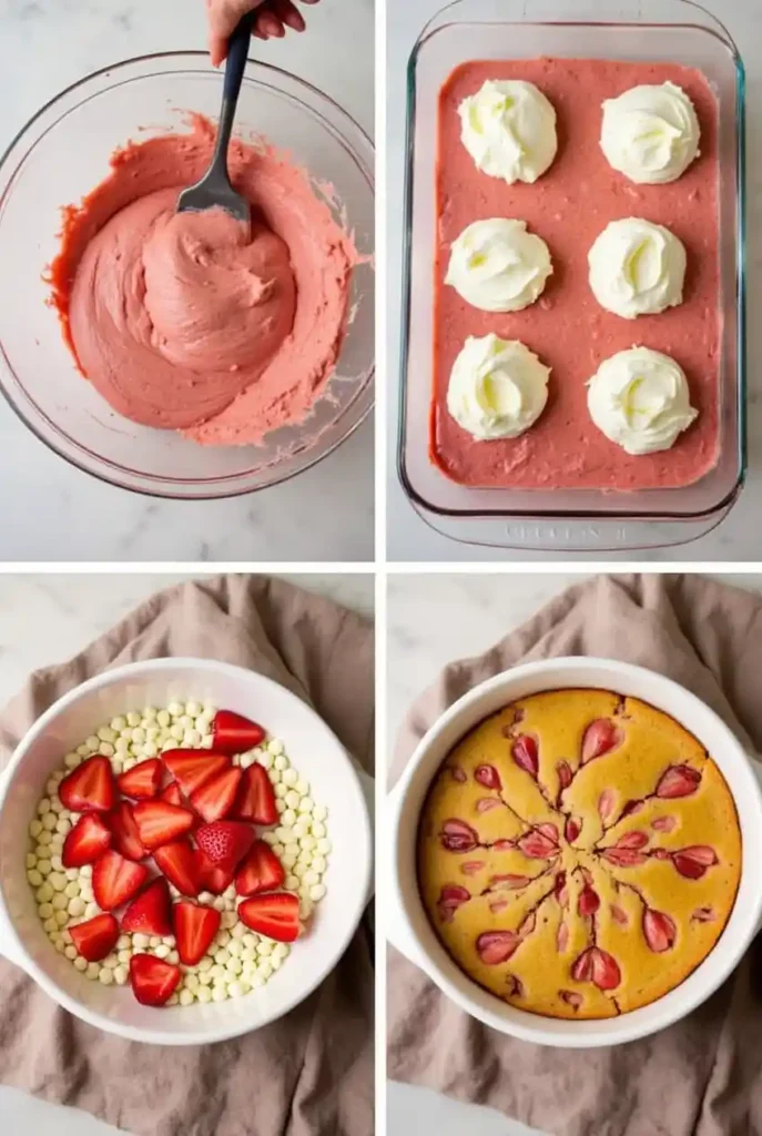 Step-by-step process of making a Strawberry Earthquake Cake, including mixing the batter, layering cream cheese, adding white chocolate chips, and baking.