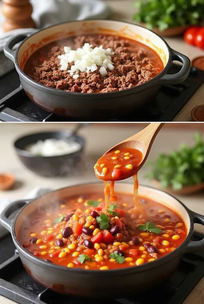 Step-by-step process of making taco soup frios, showing ground beef browning in a pot, followed by beans, corn, tomatoes, broth, and seasonings being added.