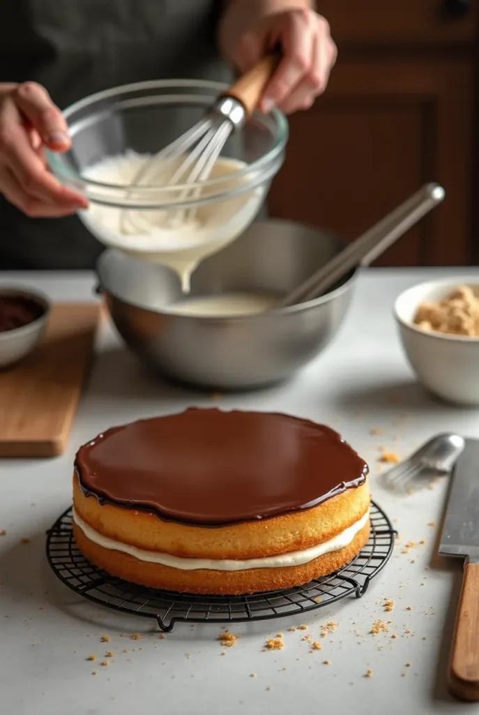Step-by-step process of making vanilla cake with chocolate ganache, from mixing ingredients to frosting the cake.