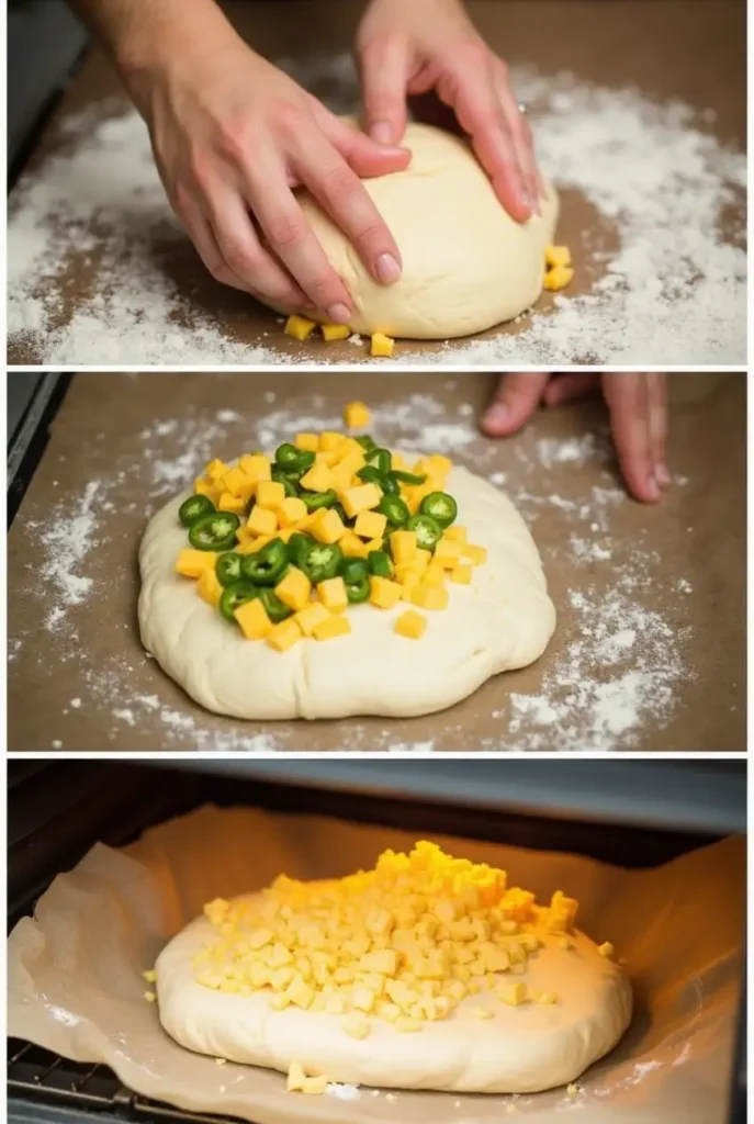 Step-by-step process of making Vegan Jalapeño Cheddar Artisan Bread, from mixing dough to baking the loaf.