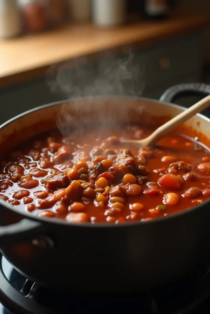 Venison Chili being prepared in a pot with meat, beans, and vegetables.