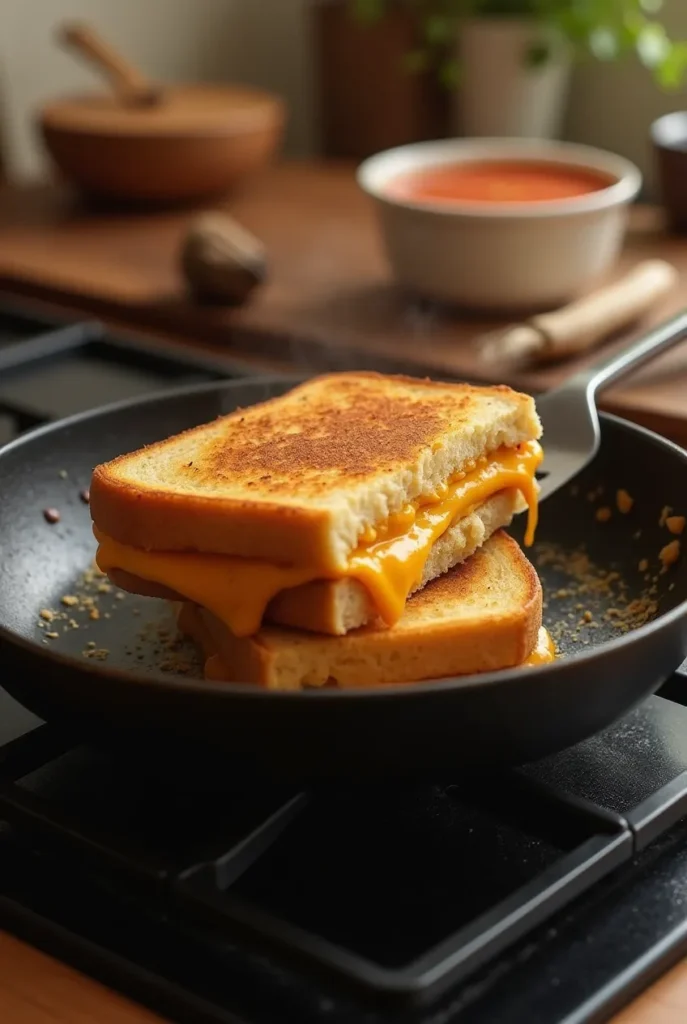 Grilled cheese sandwich cooking in a pan, with golden-brown bread and melted cheese oozing out.