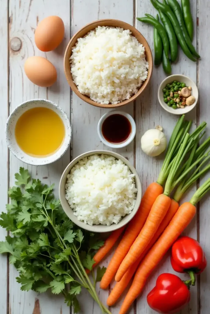 Ingredients for authentic Anjappar egg fried rice including rice, eggs, vegetables, and spices.